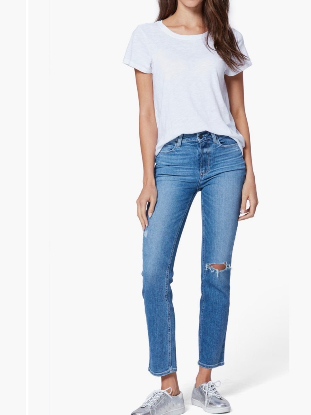 PAIGE Cindy Medium Blue Distressed Straight-Leg Jeans with stretch